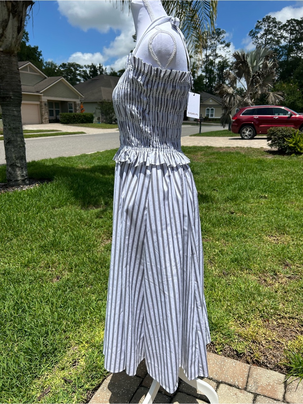 NWTš·Sugarlips Striped Halter Square Neck Sleeveless Smocked Poplin Midi Dress - Picture 6 of 15